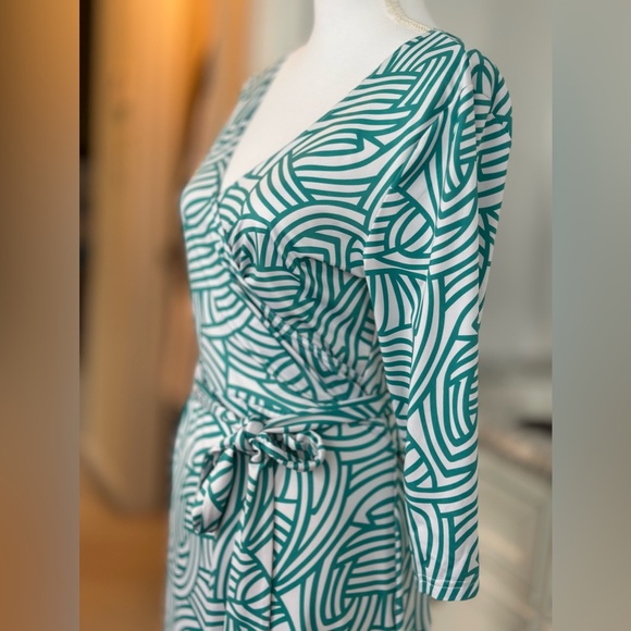 Women Faux Wrap A Line Dress (Dark Cyan and White Large), Large - Picture 9 of 16